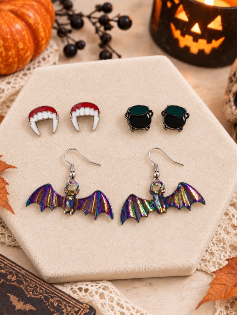 Halloween Earrings Set of 3 Bat Vampire Fang Witch Hat Spooky